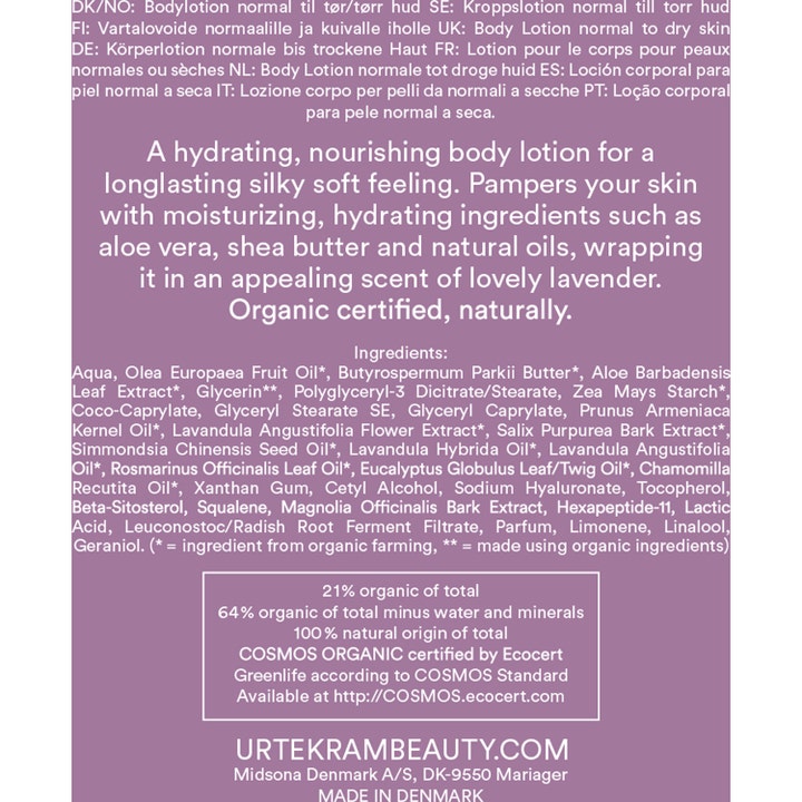 Urtekram Body Lotion Soothing Lavender 245 ml kosteuttava vartalovoide takapuolen etiketti ainesosaluettelolla.