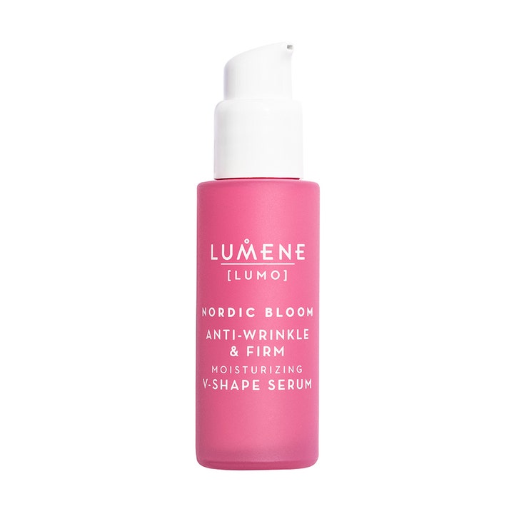 Lumene Nordic Bloom Lumo V-Shape Serum kiinteyttävä seerumi vaaleanpunaisessa huurretussa pullossa valkoisella pumpulla