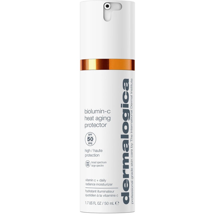 Dermalogica Biolumin-C Heat Aging Protector 50 ml kirkastava aurinkosuoja valkoisessa oranssiraitaisessa pullossa