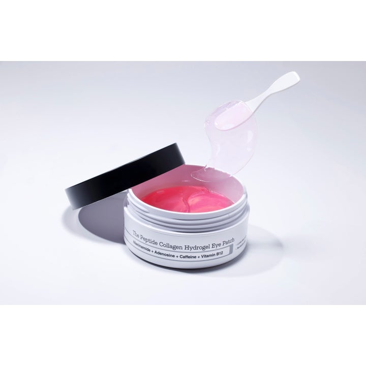 COSRX The Peptide Collagen Hydrogel Eye patch 60 kpl kiinteyttävä silmänympärysnaamio ja vaaleanpunaiset hydrogeelilaput.
