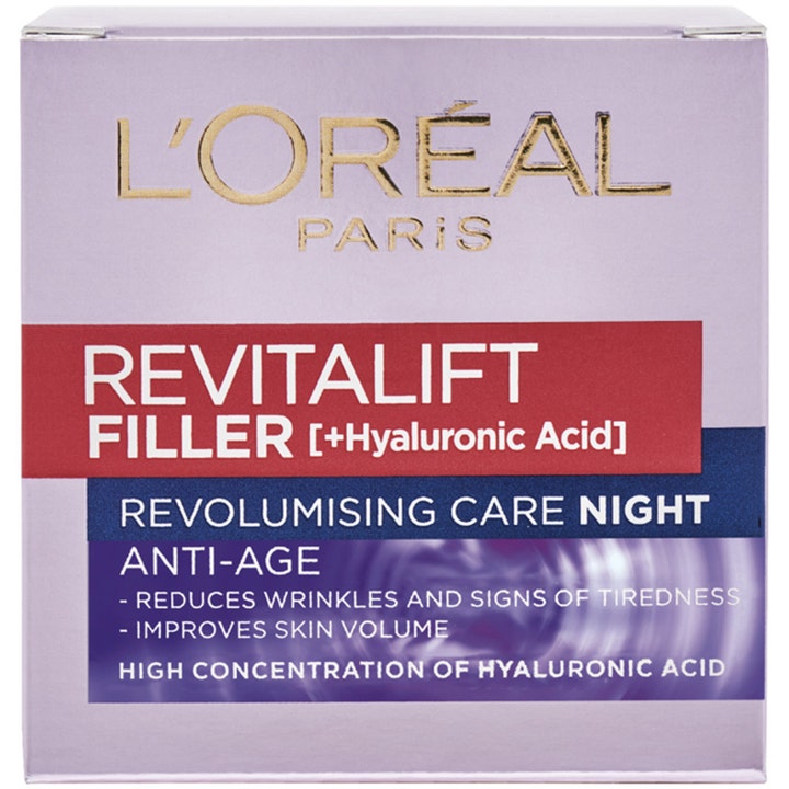 L'Oréal Paris Revitalift Filler 50 ml täyteläistävä yövoide vaaleanvioletissa pakkauksessa hyaluronihapolla