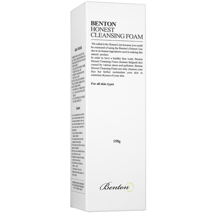 Benton Honest Cleansing Foam 150 g kosteuttava puhdistusvaahto valkoisessa pahvipakkauksessa kaikille ihotyypeille.