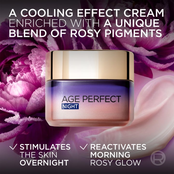 L'Oréal Paris Age Perfect Golden Age 50 ml viilentävä yövoide kultakantisessa lasipurkissa kukkien ja voiteen kera.