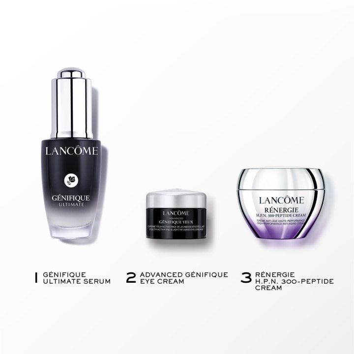 Lancôme Génifique Starter Kit 2025 1 kpl ihonhoitosetti sisältää seerumin, silmä- ja kasvovoiteen hopeisissa pakkauksissa.