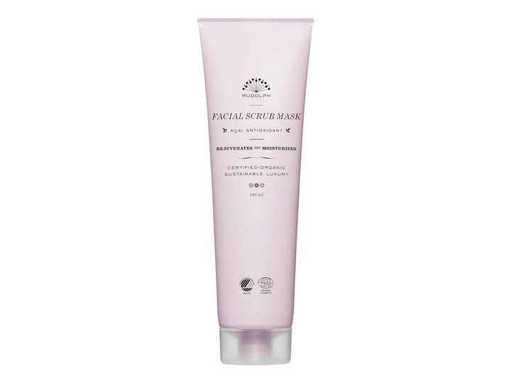 Rudolph Care Facial Scrub Mask 100 ml uudistava kasvokuorinta vaaleanpunaisessa tuubissa kirkkaalla korkilla.