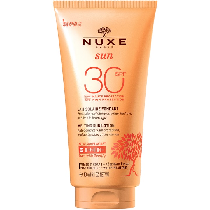 Nuxe Sun Melting Sun Lotion 150 ml kosteuttava aurinkovoide SPF 30 oranssissa muovituubissa punaisella kuviolla.