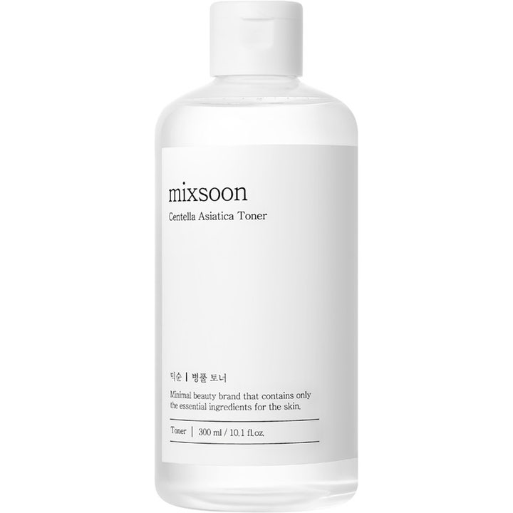 Mixsoon Centella Asiatica Toner 300 ml rauhoittava kasvovesi kirkkaassa pullossa minimalistisella valkoisella etiketillä.