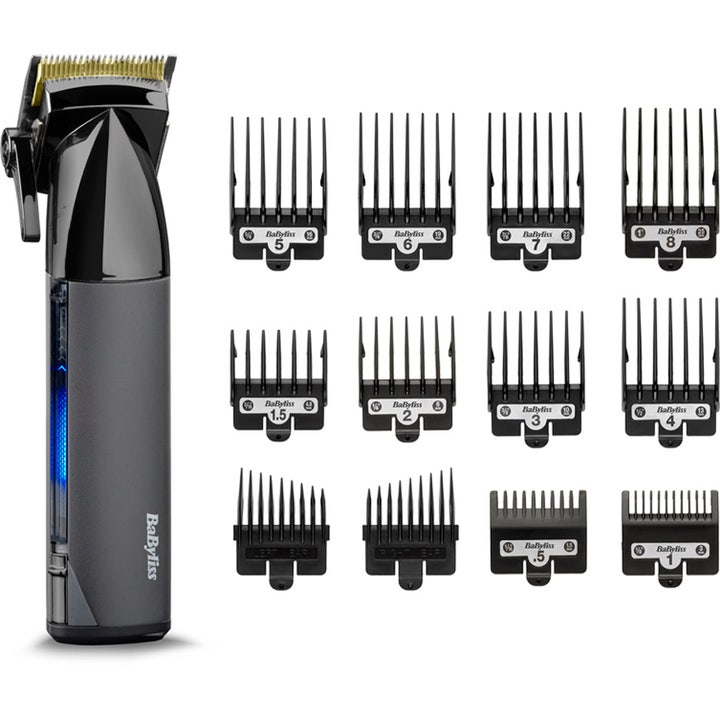 BaByliss Super X Metal Hair Clipper 1 kpl hiustenleikkuukone tarkkaan leikkaukseen metallirungolla ja 12 ohjauskampaa.