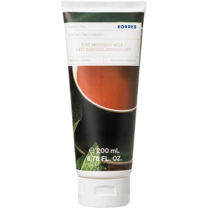 Korres Mint Tea Body Smoothing Milk 200 ml kosteuttava vartaloemulsio valkoisessa tuubissa jossa on mintunlehtiä