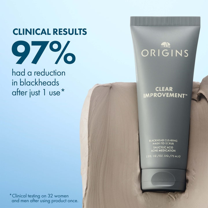 Origins Clear Improvement Blackhead Clearing Mask-To-Scrub 75 ml kasvonaamio harmaassa tuubissa savimaisen tekstuurin kera.