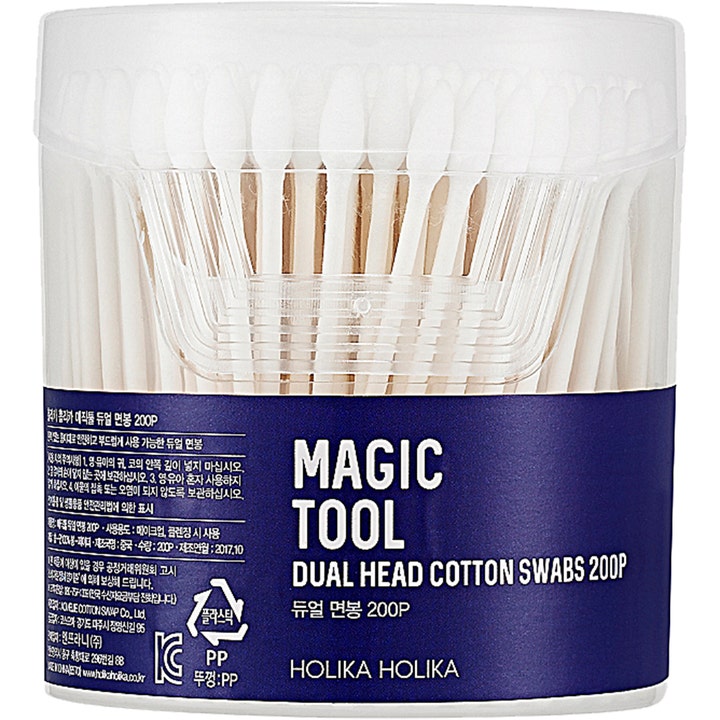 Holika Holika Magic Tool Dual Head Cotton Swabs 200 kpl vanupuikkoja meikin korjailuun kirkkaassa sinisessä rasiassa.