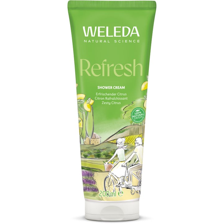 Weleda Refresh Shower Cream 200 ml virkistävä suihkuvoide vihreässä tuubissa jossa on kuvitus pyöräilevästä pariskunnasta