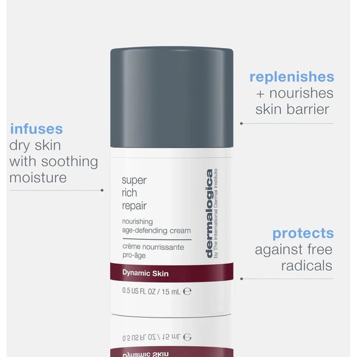 Dermalogica Super Rich Repair 15 ml ravitseva kasvovoide harmaalla korkilla suojaa ihoa vapailta radikaaleilta.