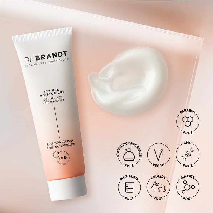 Dr Brandt iD-STRESS Icy Energizing Gel Moisturizer 50 g virkistävä kasvogeeli persikkatuubissa ja valkoista geeliä.