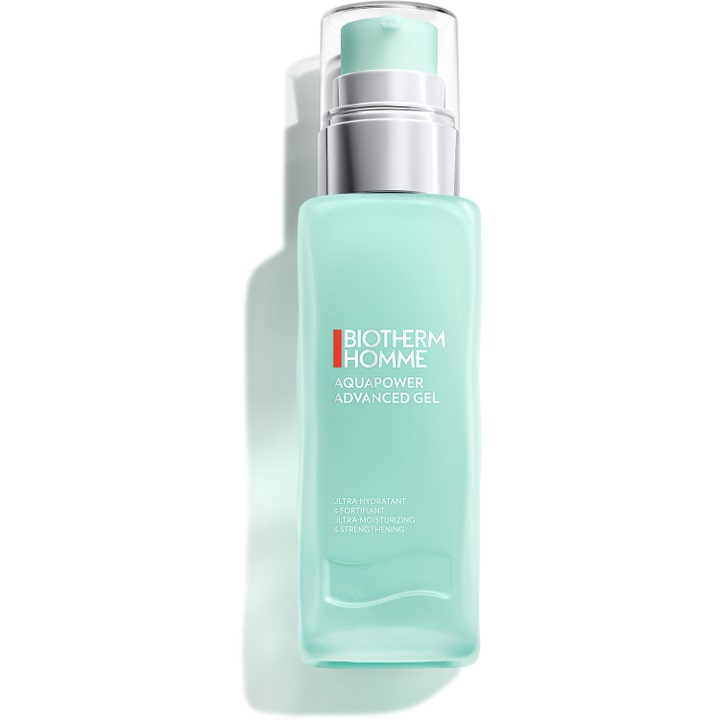 Biotherm Homme Aquapower Advanced Gel kosteuttava kasvogeeli mintunvihreässä pullossa hopealla pumpulla ja kirkkaalla korkilla.