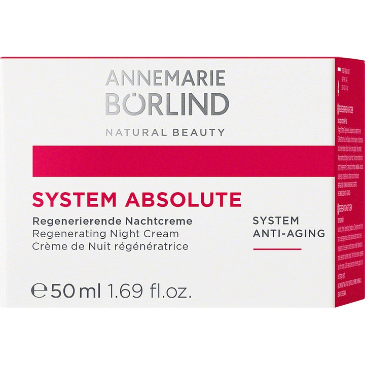 Annemarie Börlind System Absolute 50 ml uudistava yövoide valkoisessa pahvipakkauksessa punaisella raidalla.