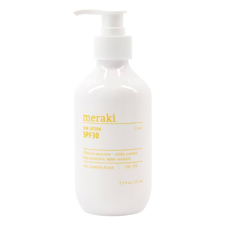 Meraki Sun Lotion SPF30 275 ml suojaava aurinkovoide valkoisessa pumppupullossa keltaisella tekstillä