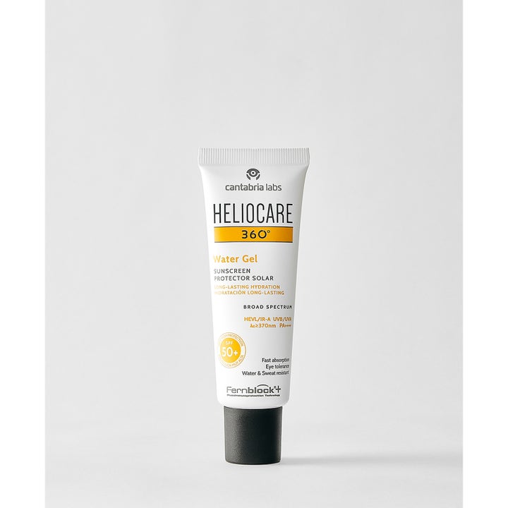 Heliocare 360° Water Gel 50 ml kosteuttava aurinkovoide kasvoille valkoisessa tuubissa mustalla korkilla SPF 50+