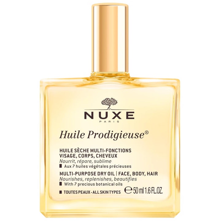 Nuxe Huile Prodigieuse 50 ml ravitseva kuivaöljy neliönmuotoisessa lasipullossa tyylikkäällä kultaisella korkilla