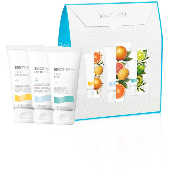 Biotherm Eau Vitaminée Lait de Douche ja Eau Pure 3 x 50 ml virkistävä lahjasetti kolmella valkoisella tuubilla