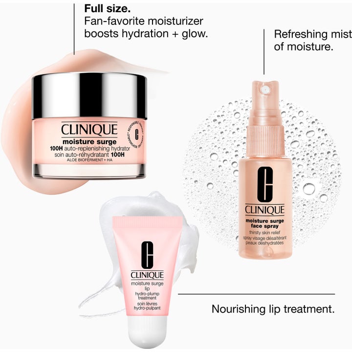 Clinique Moisture Surge Megastars kosteuttava setti sisältää pinkin kasvovoiteen, kasvosuihkeen ja huulihoidon.