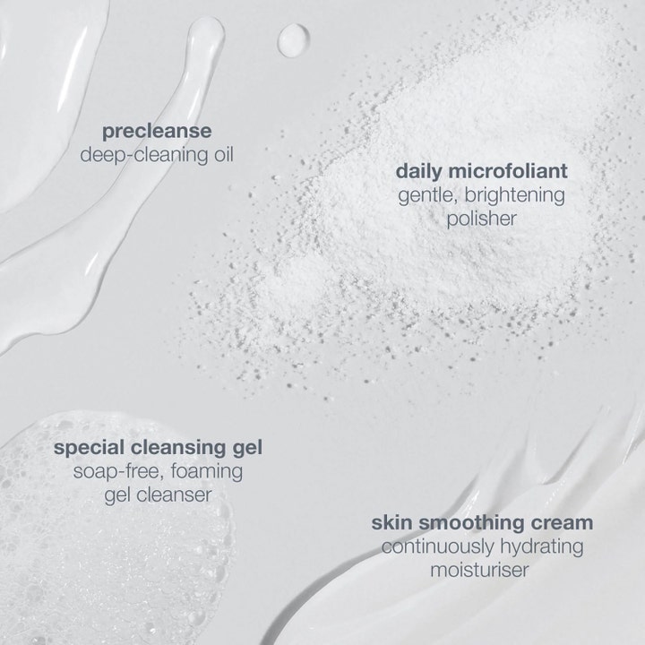 Dermalogica Discover Healthy Skin Kit ihonhoitosetti esittelee puhdistavan öljyn, jauheen, geelin ja voiteen koostumukset.