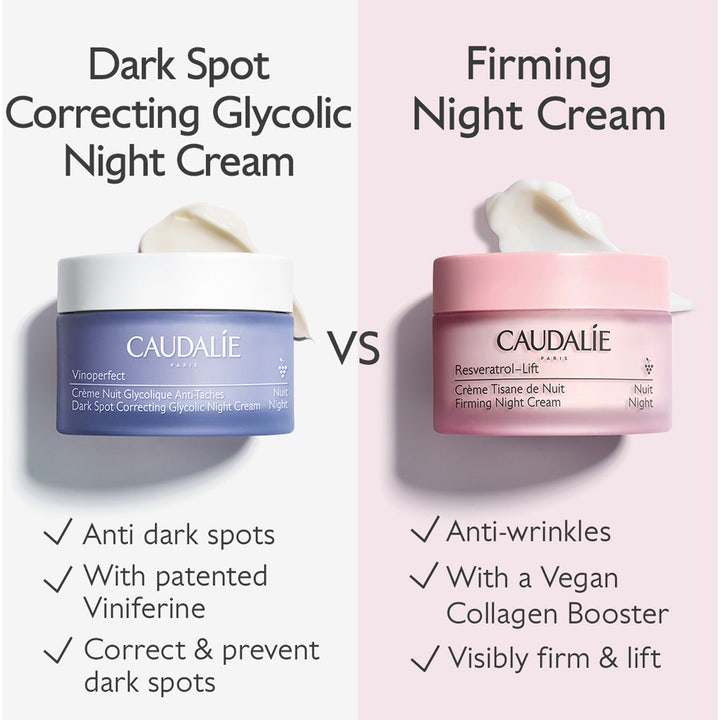 Caudalie Vinoperfect 50 ml glykolihappo yövoide pigmenttiläiskiä vastaan sinisessä purkissa vertailussa pinkkiin voiteeseen.