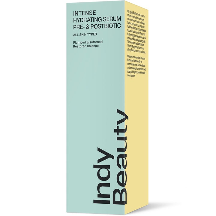 Indy Beauty Intense Hydrating Serum 30 ml syväkosteuttava seerumi vaaleanvihreässä ja keltaisessa pahvipakkauksessa