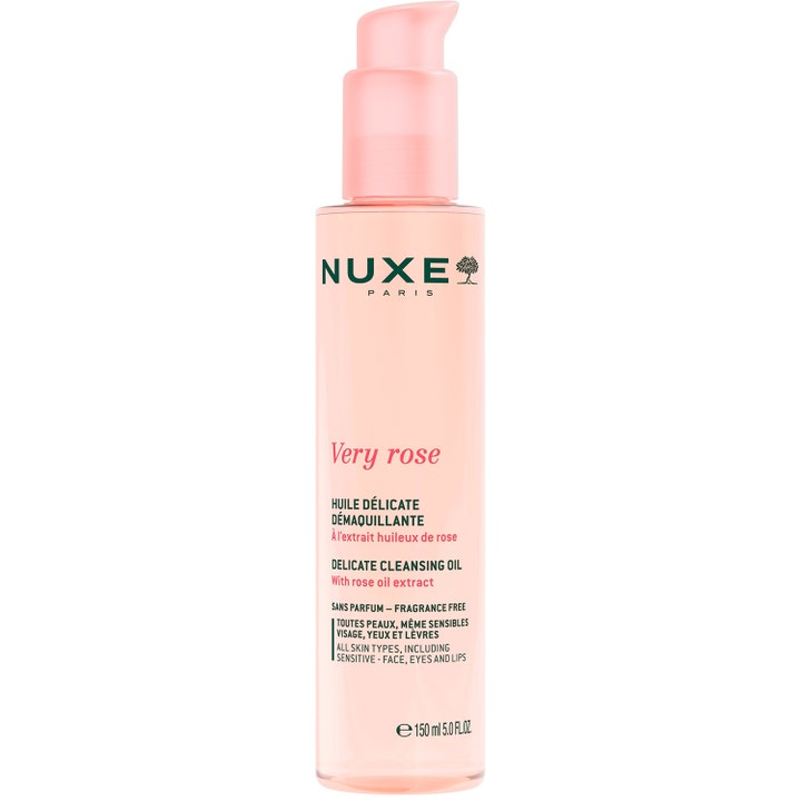 Nuxe Very Rose Delicate Cleansing Oil 150 ml puhdistusöljy poistaa meikin tehokkaasti vaaleanpunaisesta pumppupullosta.