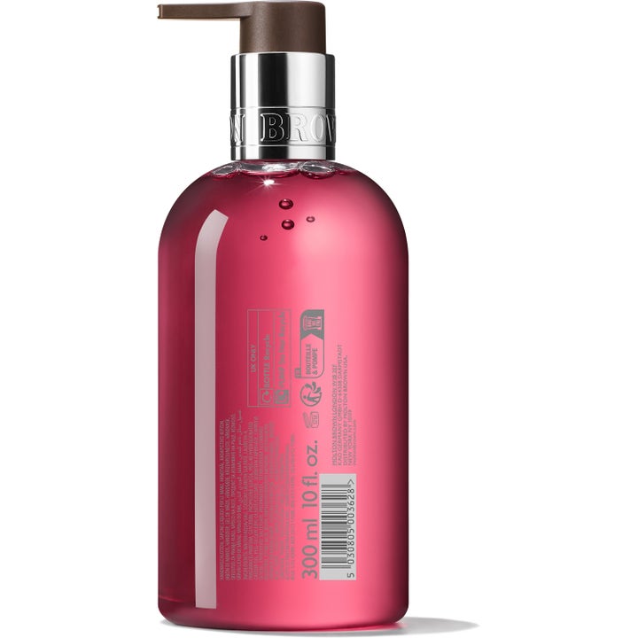 Molton Brown Fiery Pink Pepper Fine Liquid Hand Wash 300 ml puhdistava käsisaippua pullon takapuoli ja tuoteseloste