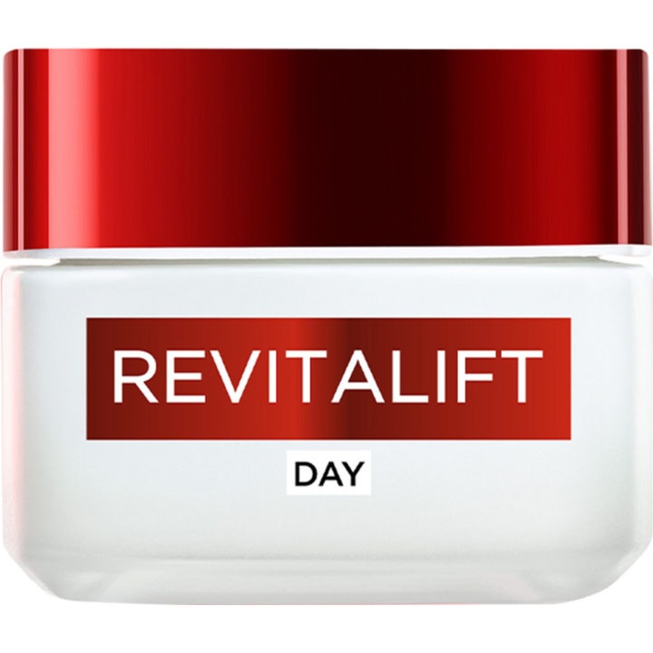 L'Oréal Paris Revitalift Day 50 ml kiinteyttävä päivävoide valkoisessa purkissa jossa on punainen kiiltävä kansi