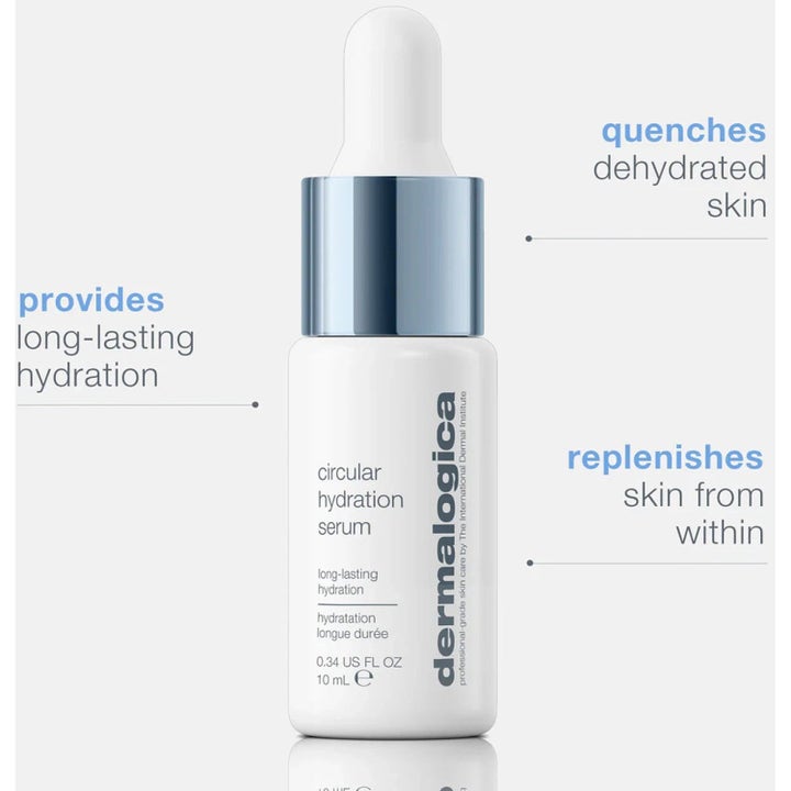 Dermalogica Circular Hydration Serum 10 ml syväkosteuttava seerumi valkoisessa pipettipullossa hopeisella korkilla