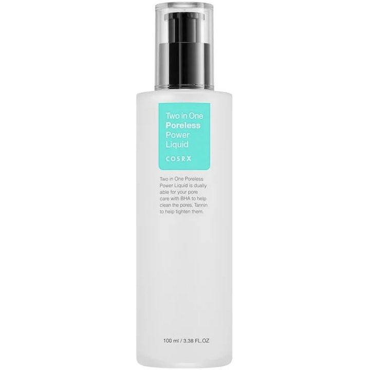 COSRX Two in One Poreless Power Liquid 100 ml supistava kasvovesi himmeässä pullossa, jossa on pumppu.