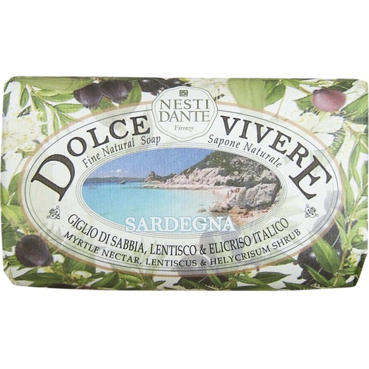 Nesti Dante Dolce Vivere Sardegna 250 g puhdistava saippua rantamaisemalla koristellussa paperikääreessä.