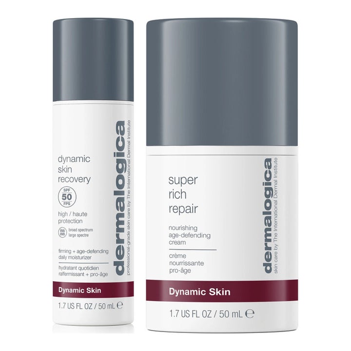 Dermalogica AGE Smart Super Rich Repair ja Dynamic Skin Recovery 50 ml uudistava setti valkoisissa hopeakorkkisissa pulloissa.