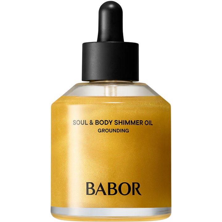 Babor Soul & Body Shimmer Oil Grounding hohtava vartaloöljy lasipullossa mustalla pipetillä ja kultaisella hohdolla