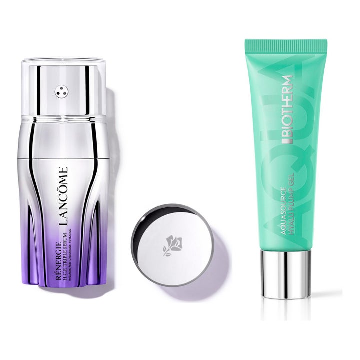 Biotherm Aquasource ja Lancôme Rénergie H.C.F. kosteuttava setti mintunvihreässä tuubissa ja hopeisessa seerumipullossa.