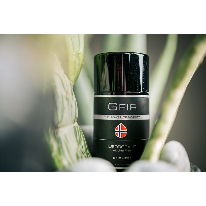 Geir Ness Geir Deostick 72 g alkoholiton miesten deodorantti mustassa hylsyssä viherkasvien ja kivien keskellä.