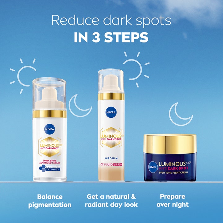 NIVEA Luminous 630 CC Fluid 40 ml vähentää pigmenttiläiskiä osana kolmivaiheista päivä- ja yöhoitorutiinia.