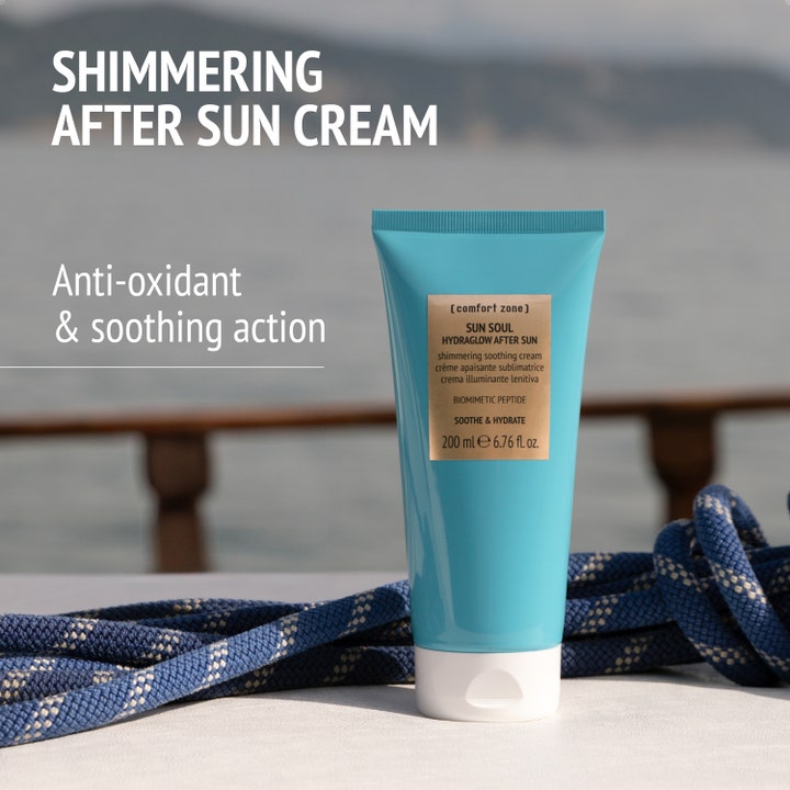 Comfort Zone Sun Soul Hydraglow Aftersun 200 ml hohtava after sun -voide turkoosissa tuubissa meren rannalla