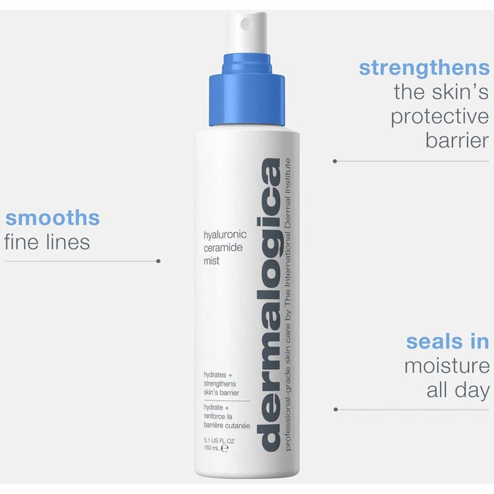 Dermalogica Hyaluronic Ceramide Mist 150 ml kasvovesi valkoisessa suihkepullossa silottaa ja kosteuttaa ihoa.