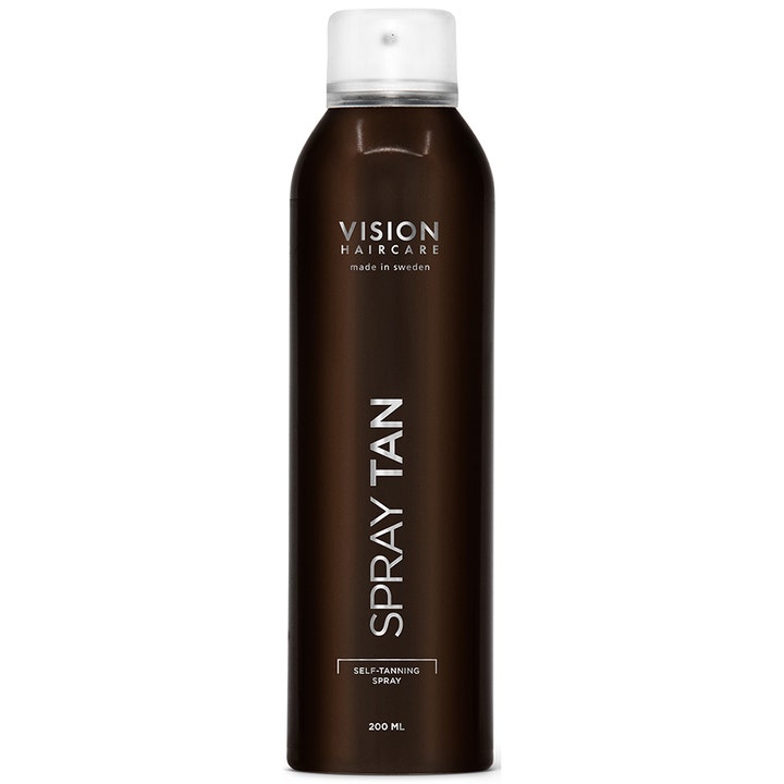 Vision Haircare Spray Tan 200 ml itseruskettava suihke luo päivettyneen hehkun tummanruskeassa pullossa kirkkaalla korkilla