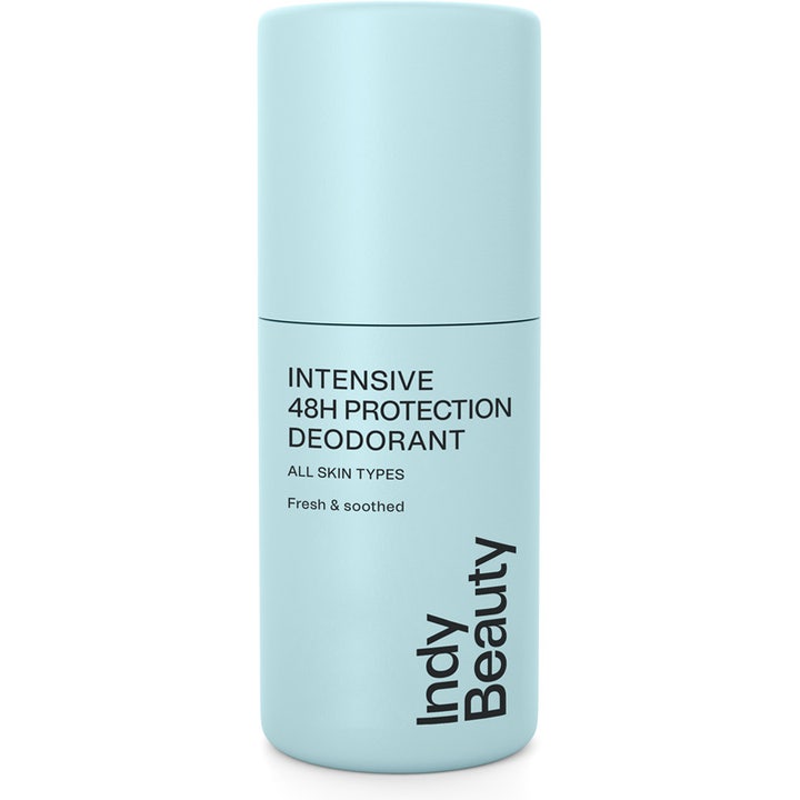 Indy Beauty Intensive 48h Protection Deodorant rauhoittava suoja vaaleansinisessä minimalistisessa pakkauksessa.