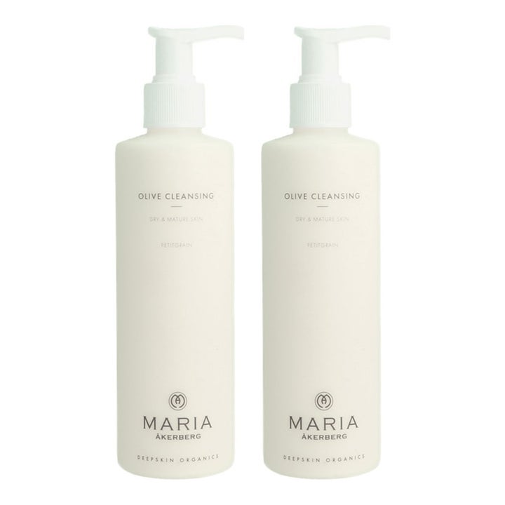 Maria Åkerberg Olive Cleansing duo puhdistusvoide kuivalle iholle kaksi valkoista muovista pumppupulloa.