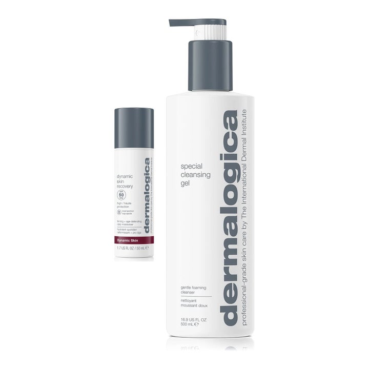 Dermalogica Special Cleansing Gel 500 ml ja Dynamic Skin Recovery SPF50 puhdistusgeeli ja päivävoide valkoisissa pakkauksissa.