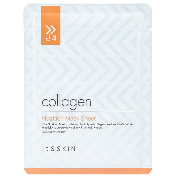 It'S SKIN Collagen Nutrition Mask Sheet kangasnaamio parantaa ihon kimmoisuutta valkoisessa oranssikuvioisessa pussissa.