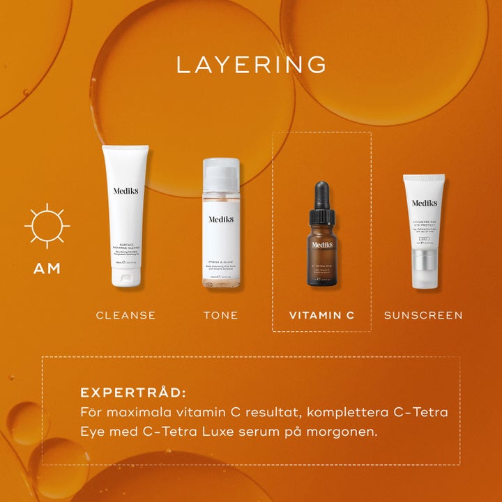 Medik8 C-Tetra Eye 7 ml kirkastava silmänympärysseerumi osana aamun Vitamin C -rutiinia oranssilla taustalla.