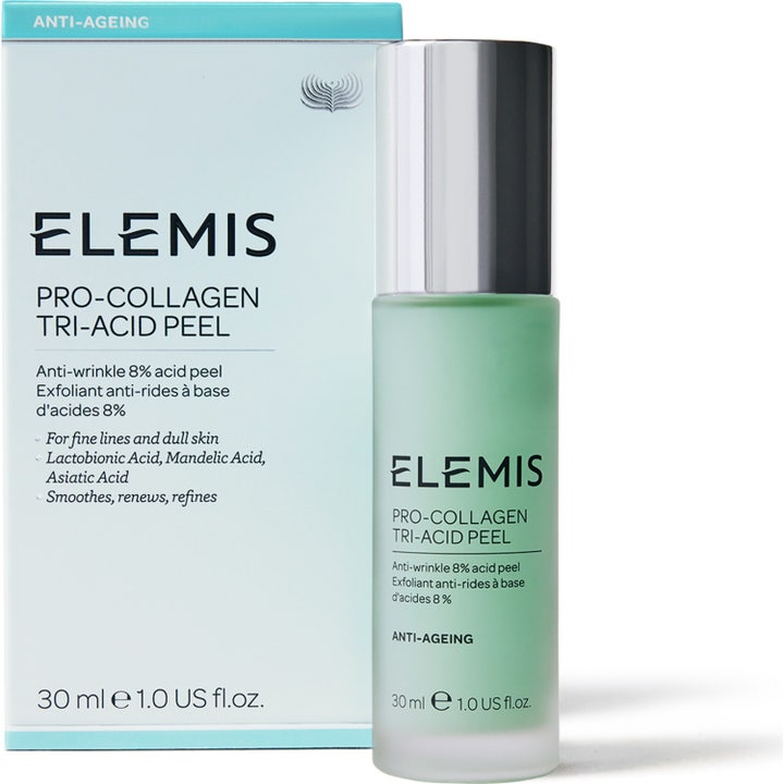 Elemis Pro-Collagen Tri-Acid Peel 30 ml silottava kuorinta-aine huurretussa lasipullossa hopeisella korkilla