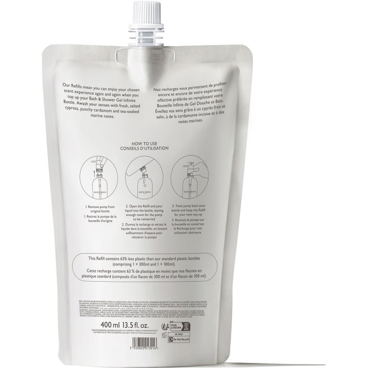 Molton Brown Coastal Cypress & Sea Fennel 400 ml suihkugeeli täyttöpussi takaa kuvattuna ohjekuvioiden kera.