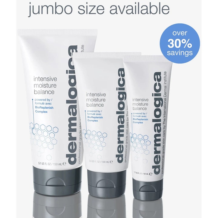 Dermalogica Intensive Moisture Balance 100 ml kosteuttava päivävoide kolmessa eri kokoisessa valkoisessa tuubissa